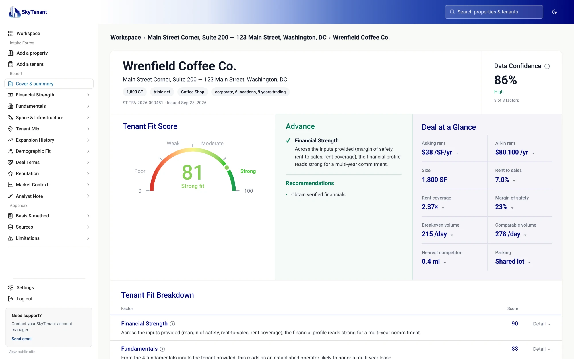 A SkyTenant Tenant Fit report on a laptop: the overall score, red flags and the factors behind it.